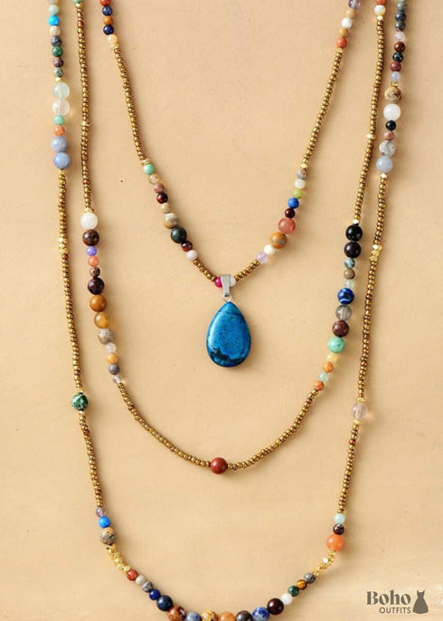 Boho Necklace, 3 Layers, White Natural Stone, Teardop Pendant